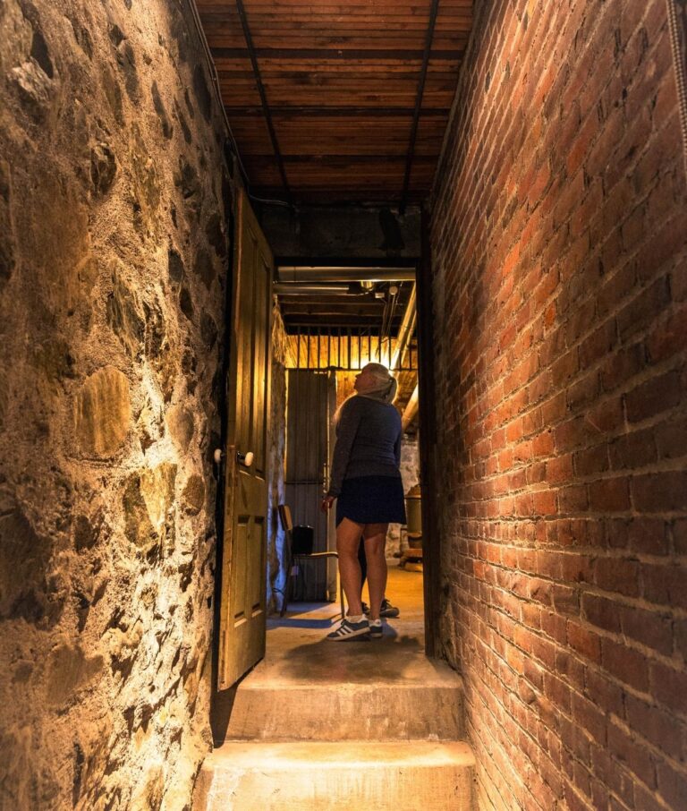 A person wearing a hat, blue shirt, and shorts stands at the end of a narrow hallway with stone and brick walls, illuminated by warm light, next to a partially open wooden door that hints at hidden history within.