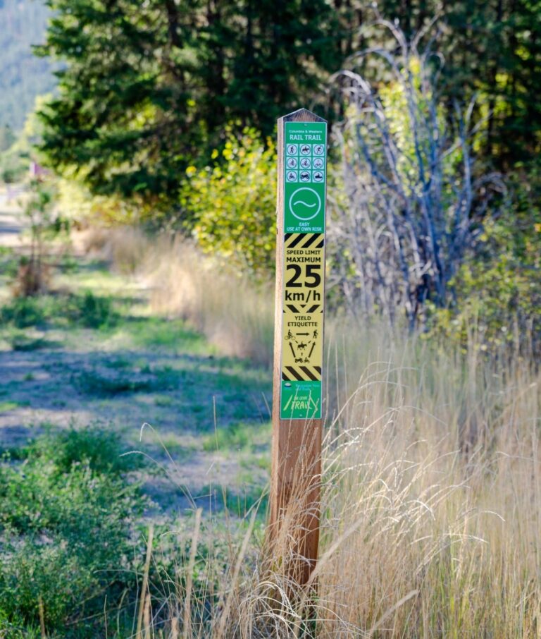 Wooden trail post in a grassy area, displaying green and yellow signs for a rail trail, speed limit of 25 km/h, trail etiquette, and various icons—such as whether ATVs are permitted or prohibited. Trees and a path are visible in the background.
