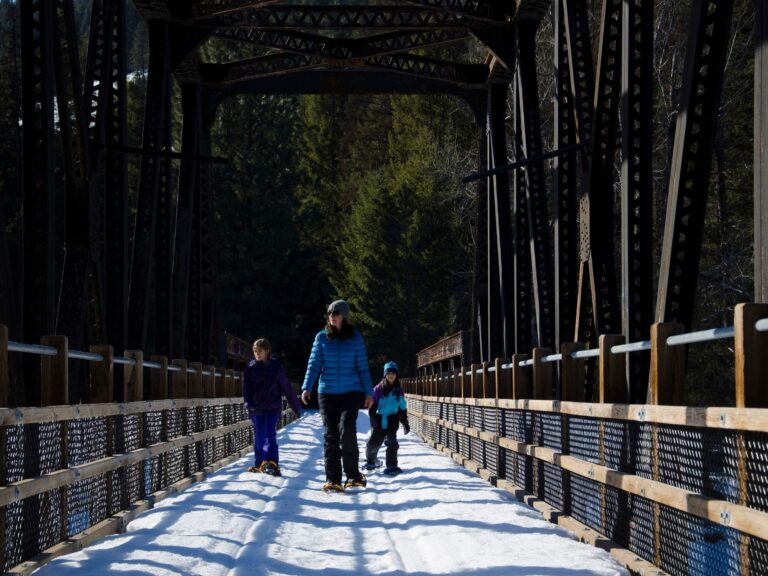 Three people in winter clothing, equipped with snowshoes, walk across a snow-covered bridge surrounded by metal beams and trees, as sunlight casts shadows on the bridge.