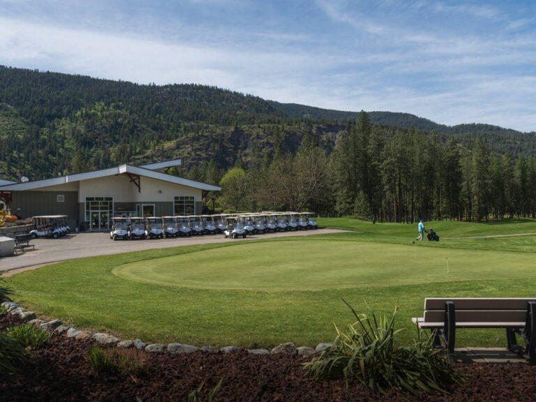 A picturesque golf course with a putting green in the foreground, a person golfing, several golf carts parked near a building, and forested hills rising in the background beneath a partly cloudy sky.