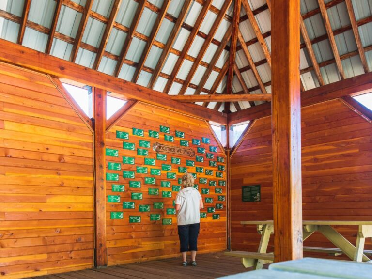 An older person stands in a wooden pavilion, looking at a wall covered with green plaques celebrating history. The space has a high, slanted roof and picnic tables in the corner as sunlight filters through the structure.