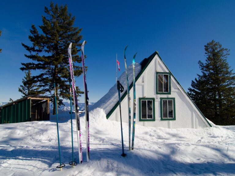 A snowy scene with Nordic skis and poles propped up outside a white A-frame cabin with green trim, surrounded by evergreen trees under a clear blue sky.