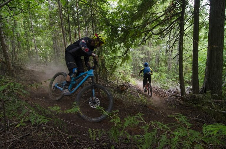 Two mountain bikers wearing helmets ride along a narrow, winding dirt trail through a dense, green forest, kicking up dust as they speed downhill. The scene captures the thrill of mountain biking amid lush trees and ferns.
