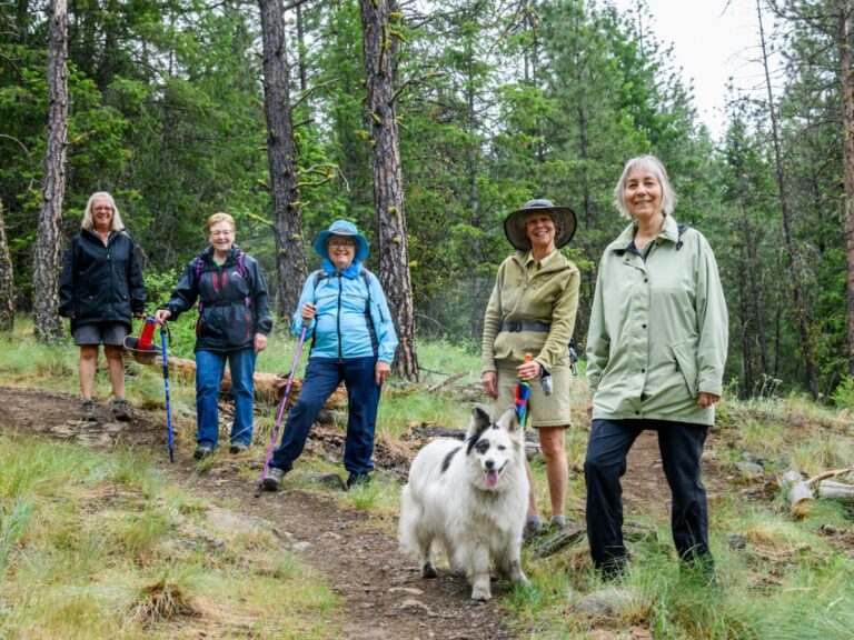 Five older women stand on a forest trail with hiking poles, smiling at the camera, enjoying accessible travel. A large fluffy white dog stands in front of them amid lush trees and greenery.