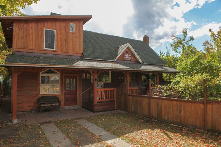 A rustic wooden house with a porch, green roof, and fenced yard sits under a partly cloudy sky. The sign above the porch reads Luna Lodge. Autumn leaves are scattered on the path and ground.