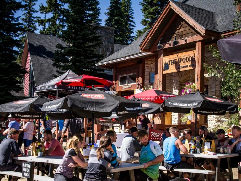People sit at outdoor picnic tables under branded umbrellas outside a rustic building called The Woods. They are eating, drinking, and socializing on a sunny day, surrounded by tall evergreen trees.