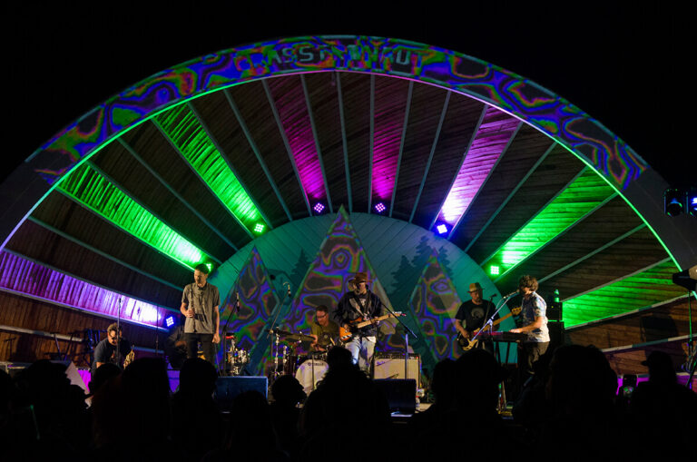 A band performs on an outdoor stage at night, illuminated by vibrant green, purple, and blue lights with psychedelic patterns, while a crowd watches from the foreground.
