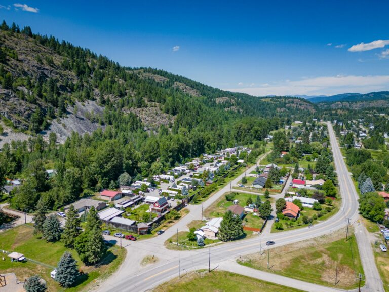 Aerial view of Greenwood, with homes and roads nestled in a forested valley