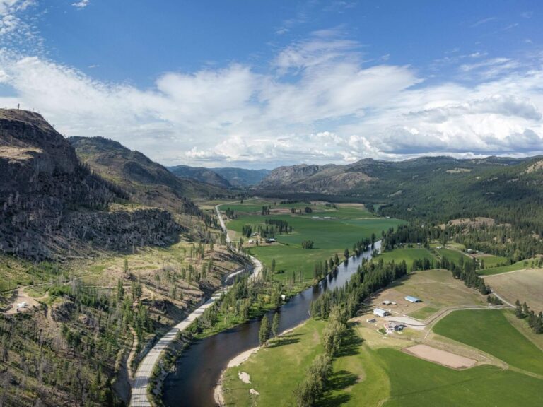 Discover where to go as a river winds through a lush green valley with scattered farms, surrounded by forested hills and mountains under a blue sky with scattered clouds.