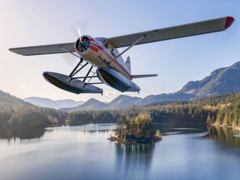 A floatplane flies low over a calm lake surrounded by forested hills and mountains, with an island covered in trees below—a peaceful setting perfect for reflecting on 7 affirmations under a clear blue sky.