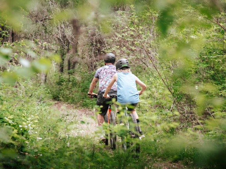 Two mountain bikers riding through a green forest trail in summer