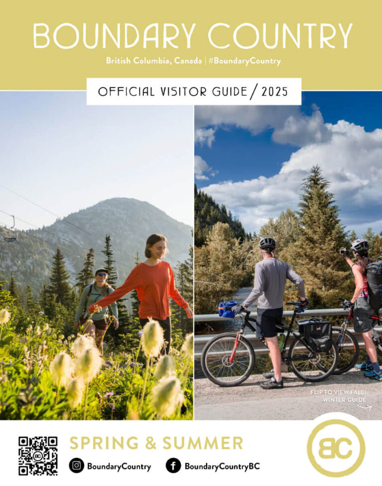 Split image: On the left, a woman hikes a pet friendly mountain trail surrounded by greenery; on the right, two cyclists pause to admire stunning scenery. Text promotes Boundary Country, BC’s visitor guide.