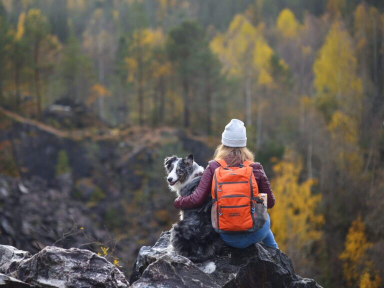 A person wearing a gray beanie and orange backpack sits on a rocky ledge beside a black and white dog, overlooking a forest with autumn foliage—reflecting on 7 Affirmations for peace and gratitude amid nature’s beauty.