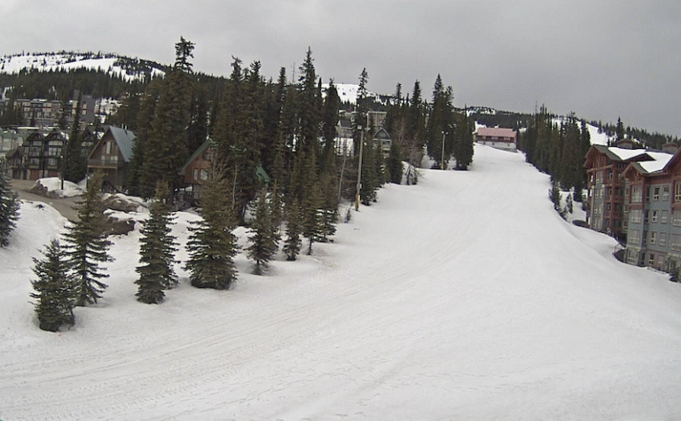 A snow-covered ski slope flanked by evergreen trees and lodge-style buildings under a cloudy sky. Webcams capture bare patches where the snow is thinning near the trees and buildings.