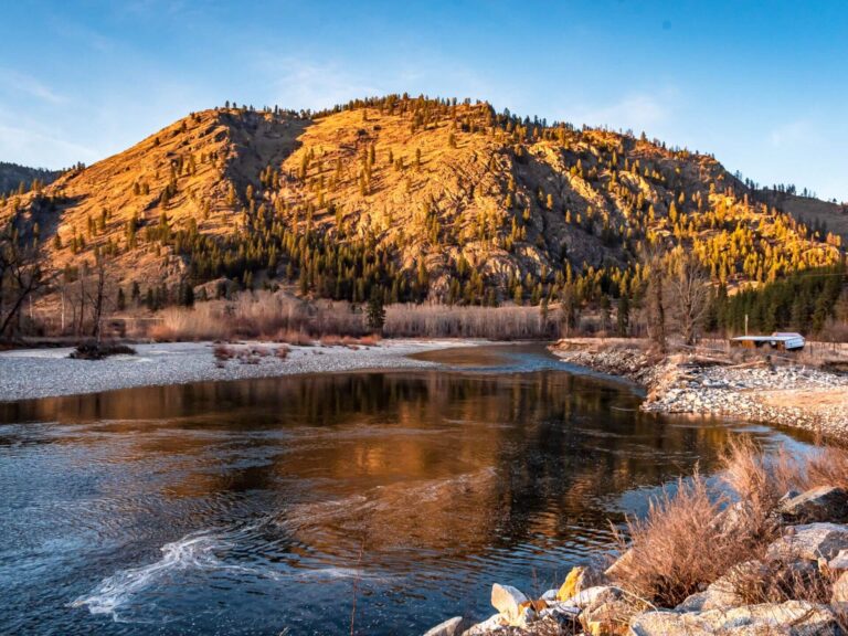 A river with gentle ripples flows in front of a sunlit, rocky hill covered with sparse trees, under a clear blue sky. Dry brush and a small building are visible near the water’s edge.