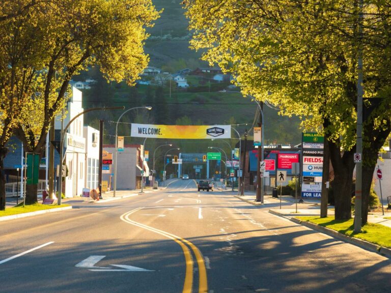 A quiet, sunlit street in Boundary Country features green trees lining both sides and a Welcome banner hanging over the road. A few cars drive by, and various shops and signs add charm to this small-town scene.